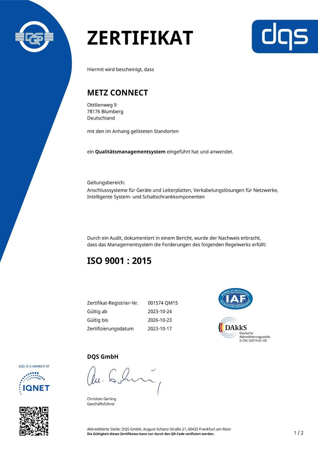 Zertifikat ISO 9001 : 2015