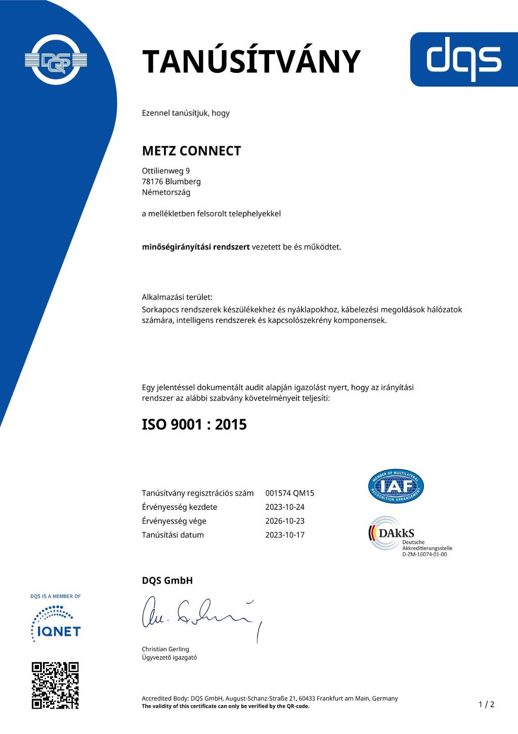 Tanúsítvány ISO 9001 : 2015