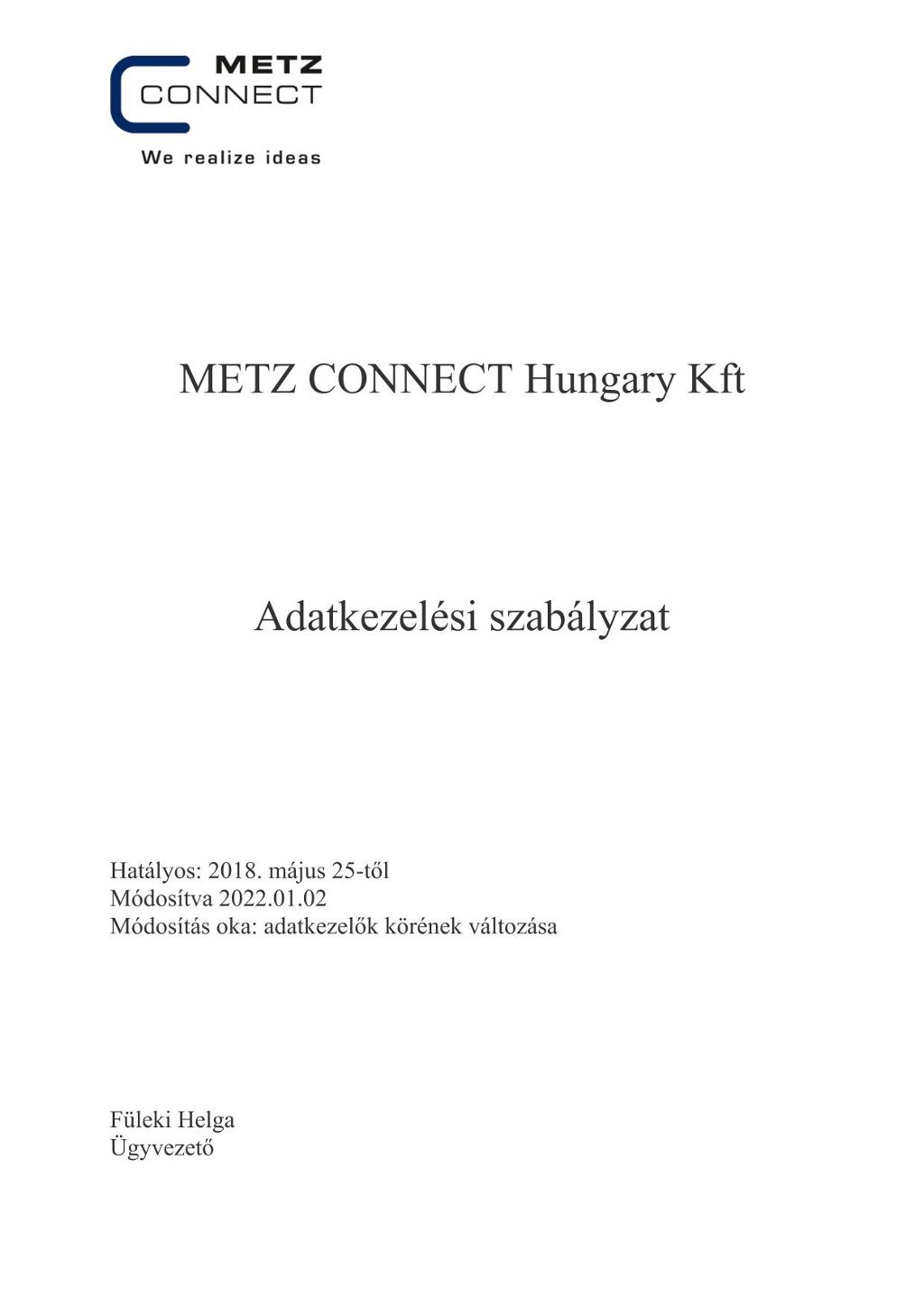 METZ CONNECT Hungary Kft  adatkezelési szabályzat